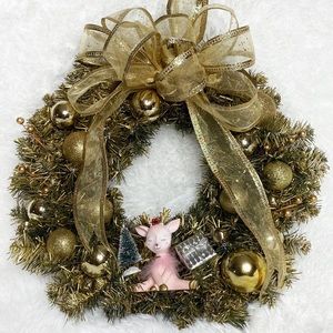 New Handmade Holiday Gold & Pink Retro Deer Hanging Door Wreath